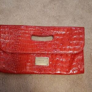 Nine West Red Croc-Embossed Patent Cutout Handle Clutch